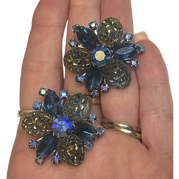 VTG Judy Lee? Molded Blue AB Rhinestone Earrings Clip On Silver Tone EXC GIFT - Picture 5 of 7